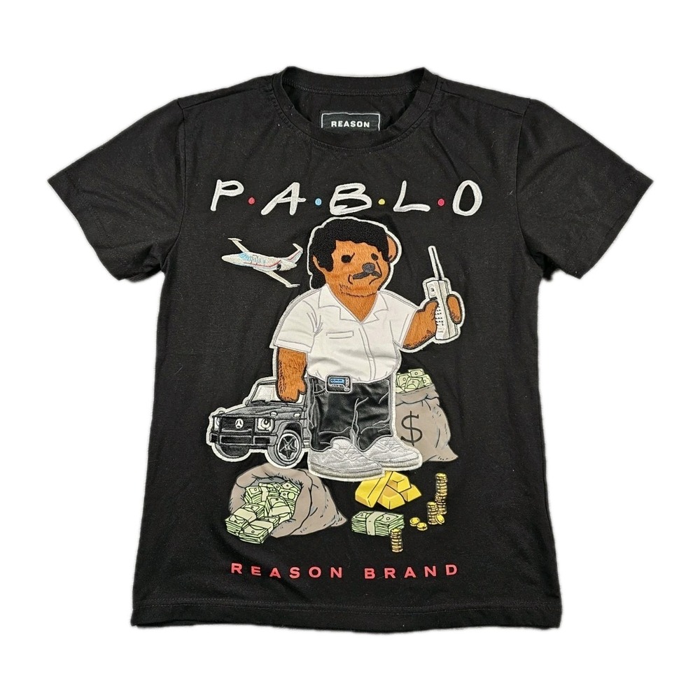 Reason Brand Pablo Graphic Fuzzy‎ T-Shirt Men's Small Black Streetwear Bear Tee
